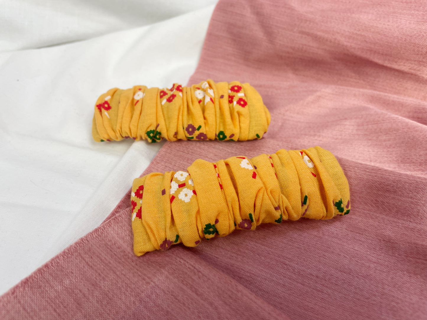 Yellow Floral Scrunched Upcycled Hair Barrette